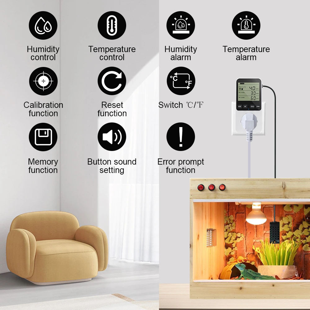 Termostato Digital higrostato KT3400, controlador de temperatura y humedad, Control de humedad, enchufe de interruptor para incubación y cría