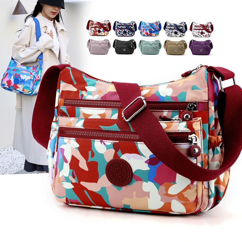 

Fashion Multi Pockets Women Fabric Bag High Quality Nylon Shoulder Bag Pretty Style Floral Pattern Gilrs Shopping Messenger Bag