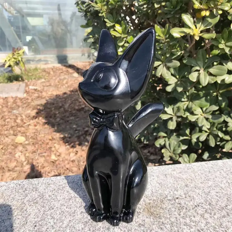 25CM Natural Black Obsidian Cartoon Carving Handicraft Ornaments Gift Energy Gemstone Home Decoration Gift 1pcs