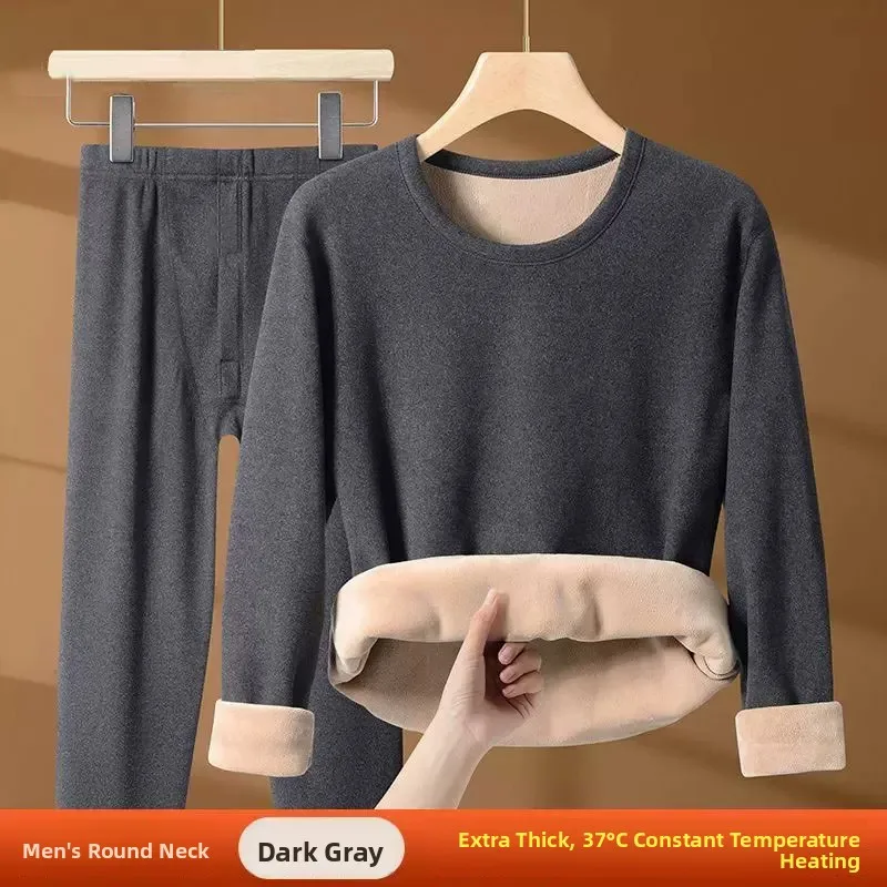 Men's Winter Thermal Underwear Set Thickened Fleece Camel down Heating Super Warm Home Clothes Polyester Fiber Long Sleeve ro...