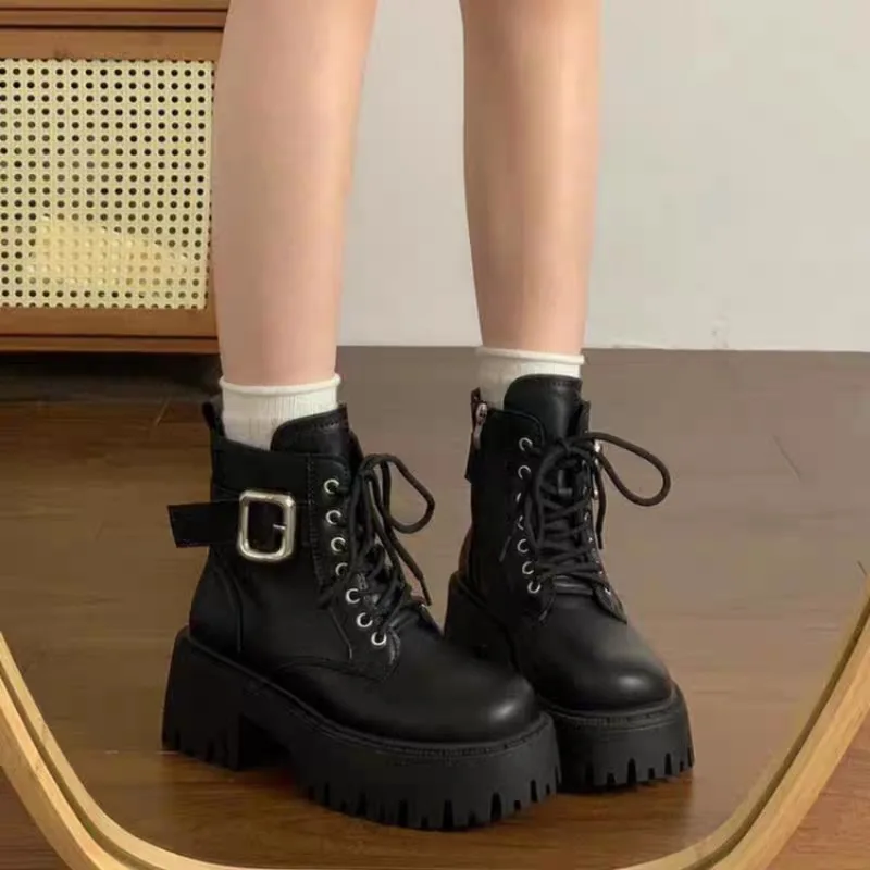 

Fashion Women Ankle Boots 2025 Autumn Winter New Thick-Soled Heightening Short Boots British Style Versatile Velvet Cotton Boots