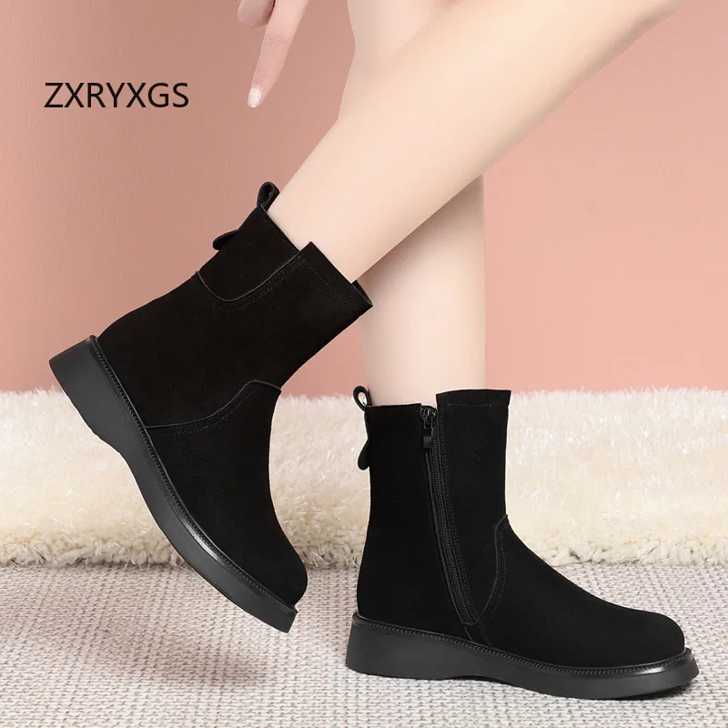 ZXRYXGS Premium Cowhide in-tube Women Boots New 2024 Winter Warm Plush Wool Snow Boots Flat Non-slip Motorcycle Boots Large Size