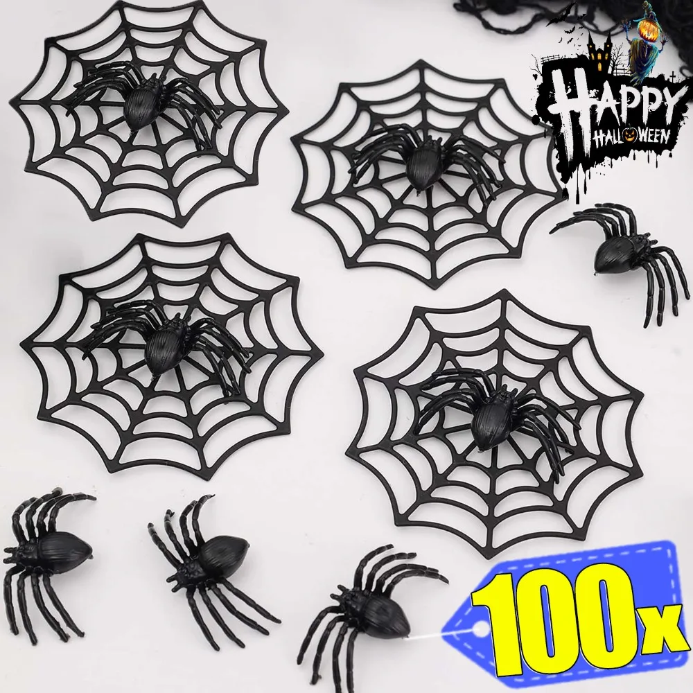 Arañas realistas con telaraña, decoración de arañas negras para Halloween, pequeños accesorios de terror para decoración de fiesta de Halloween de Casa Encantada