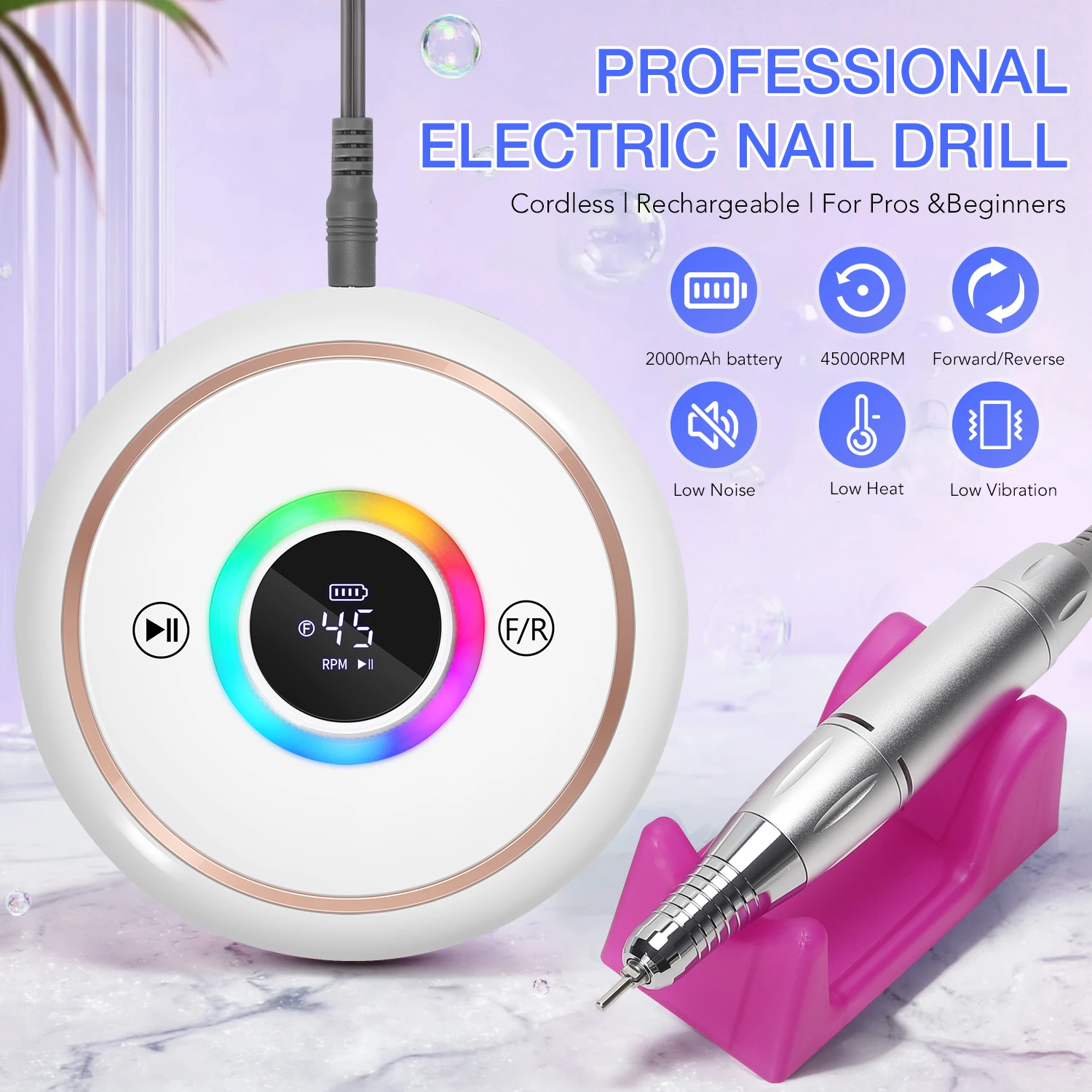 Ponceuse à ongles électrique professionnelle 45000 tr/min, perceuse à ongles Portable, ponceuse à ongles Rechargeable avec stylos de Base pour manucure Sal
