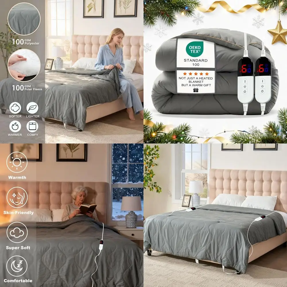 

Электрическое одеяло King Size с двойным управлением, 10 режимами таймера и 6 уровнями нагрева, теплый серый (90 x 104)