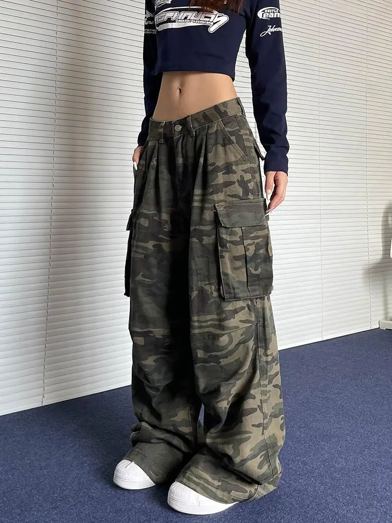 

Американские камуфляжные рабочие брюки в стиле ретро Vibe High Street, мужские модные уличные прямые брюки, камуфляжные длинные брюки