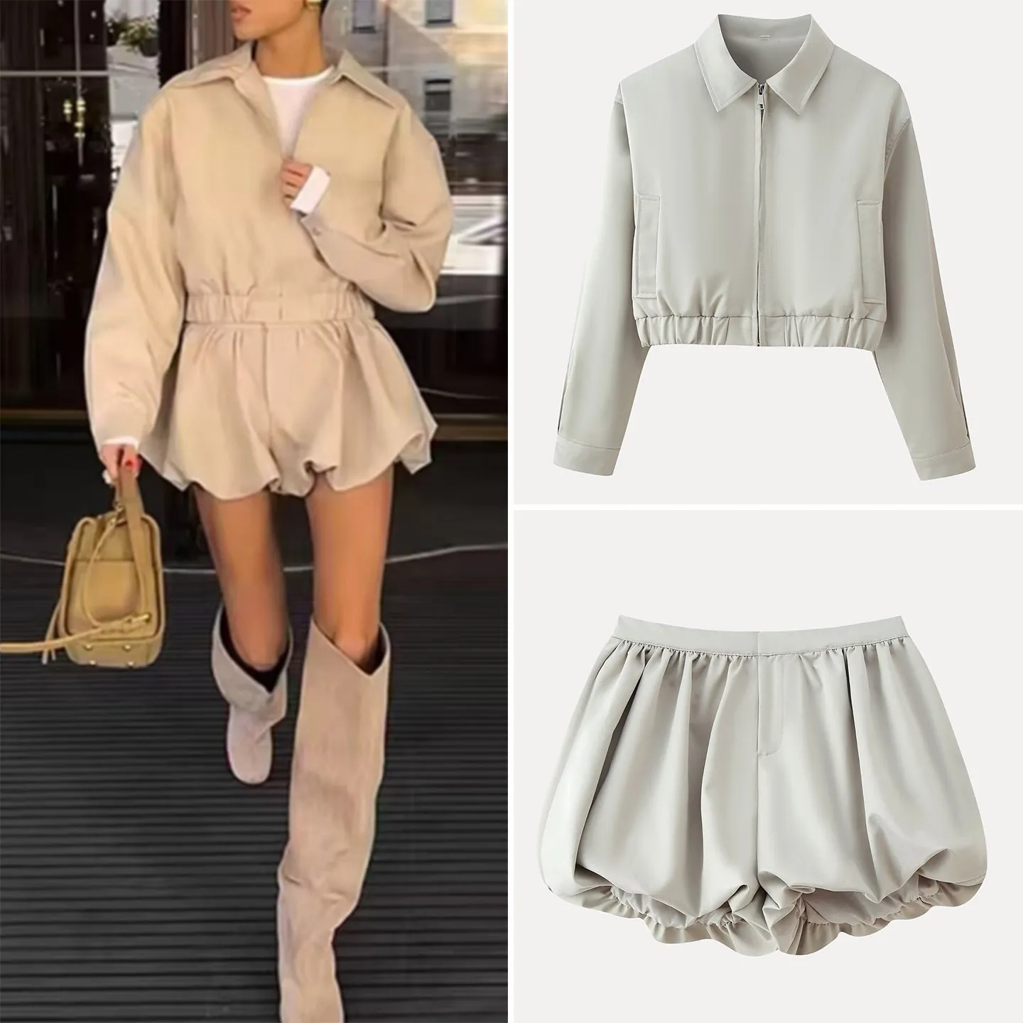 

Spring 2026 Women's Fashion Short Sleeveless Jacket And Shorts Set Pure Color Balloon Style Zipper Closure High Waist Shorts