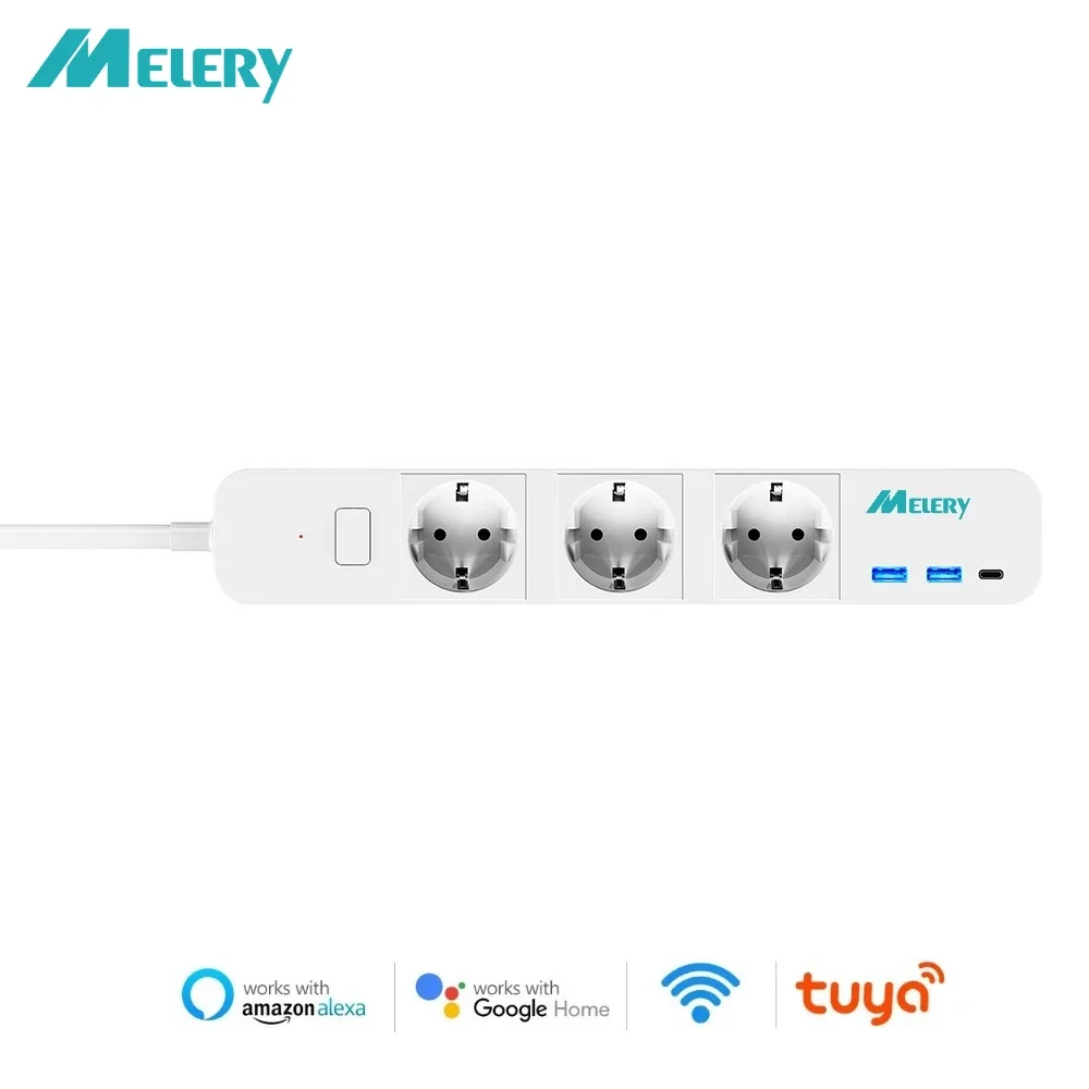 Melery EU Wifi Smart Things Power Strip 3 AC Outlets USB Type-C Socket Plug Remote Control by Tuya Yandex Alexa Dot Google Home