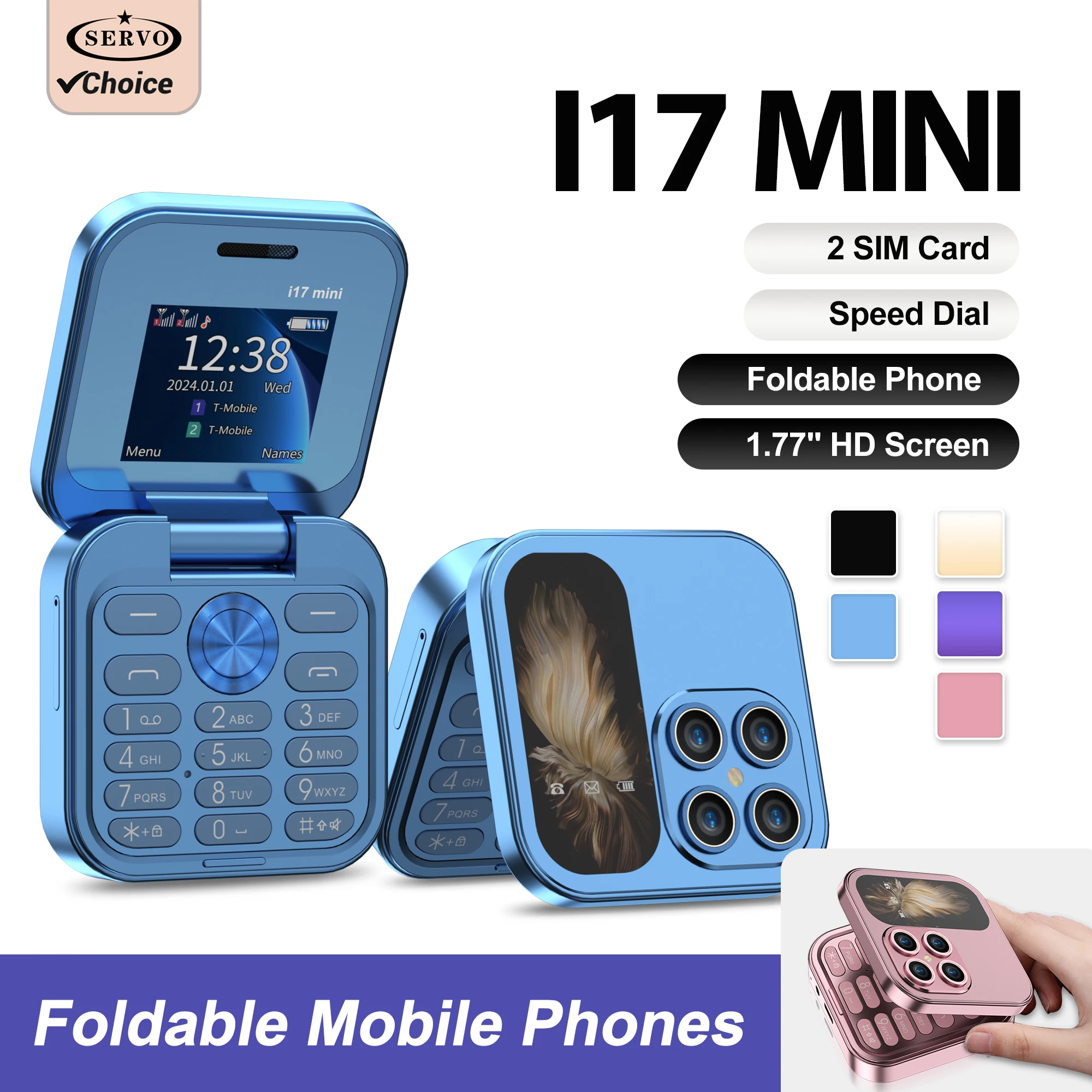 2025 رائجة البيع سيرفو i17Mini 2G هاتف محمول صغير الوجه 2 SIM سرعة الطلب ماجيك Vioce MP3 مصباح يدوي صغير أضعاف الهاتف المحمول راديو FM