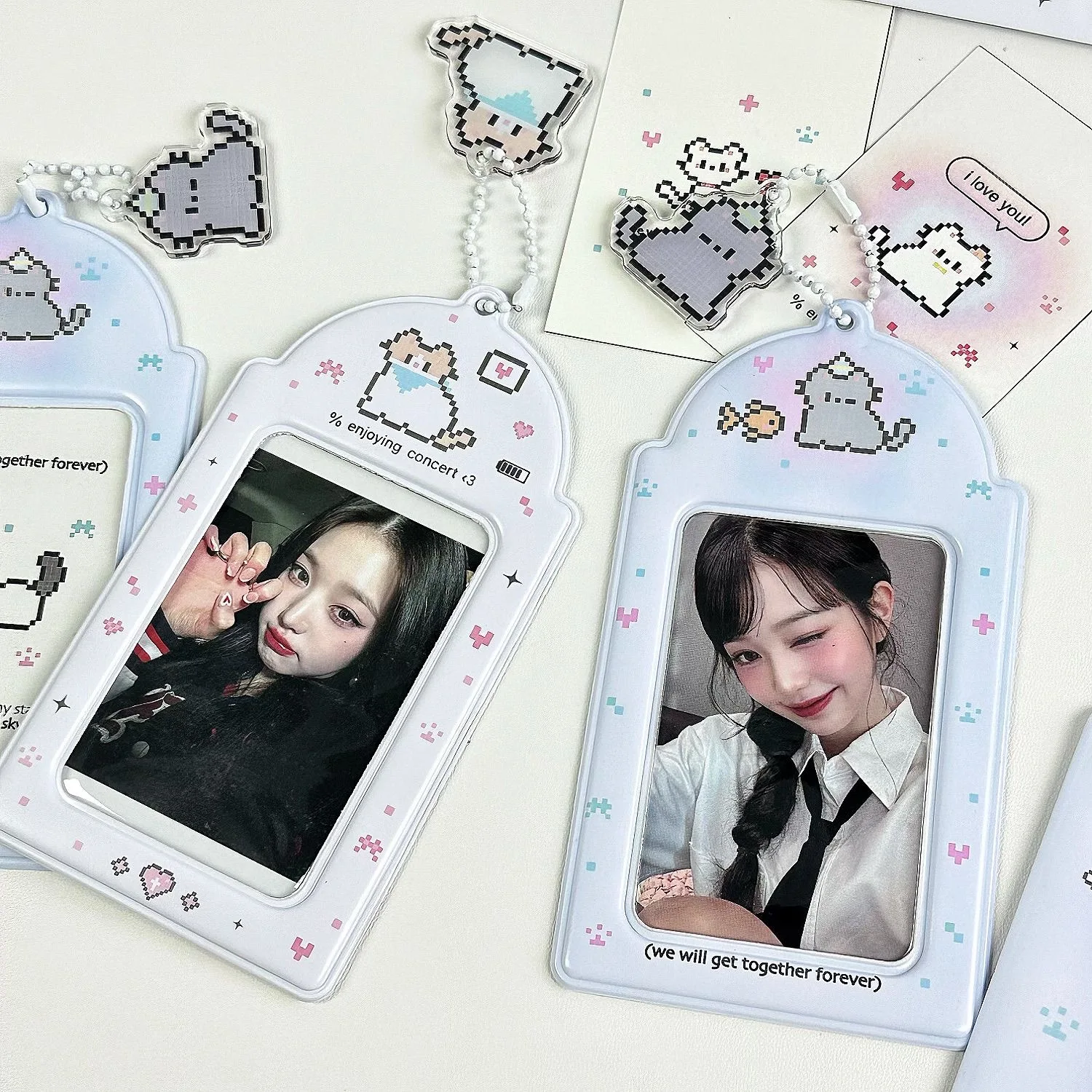 1/2pcs Cute Pixel Cat Transparent PVC Card Holder with Charm Photocard ID Badge Holder Korean Style Print Card Protector Sleeve