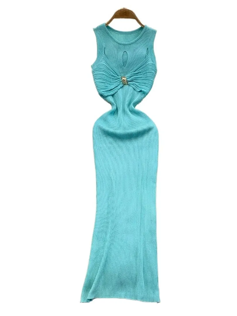 Famlina Summer Elastic Knit Dress Socialite Sexy Cutout Unique Button Round Neck Flattering Waist Buttocks Slim Fit Maxi Skirt