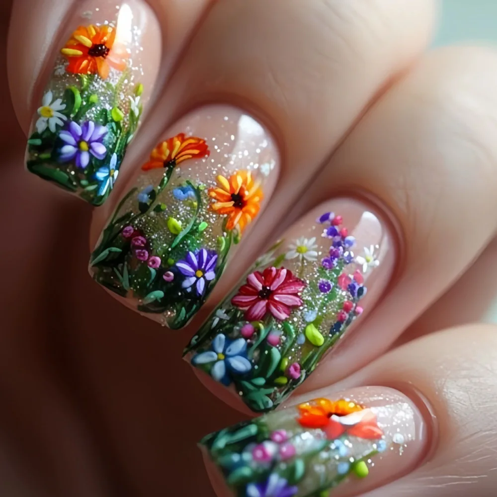 24PCS Spring Summer Garden Floral Press on Nails Glitter Transparent False Nails with Colorful Flower Nail Art for Daily Wear
