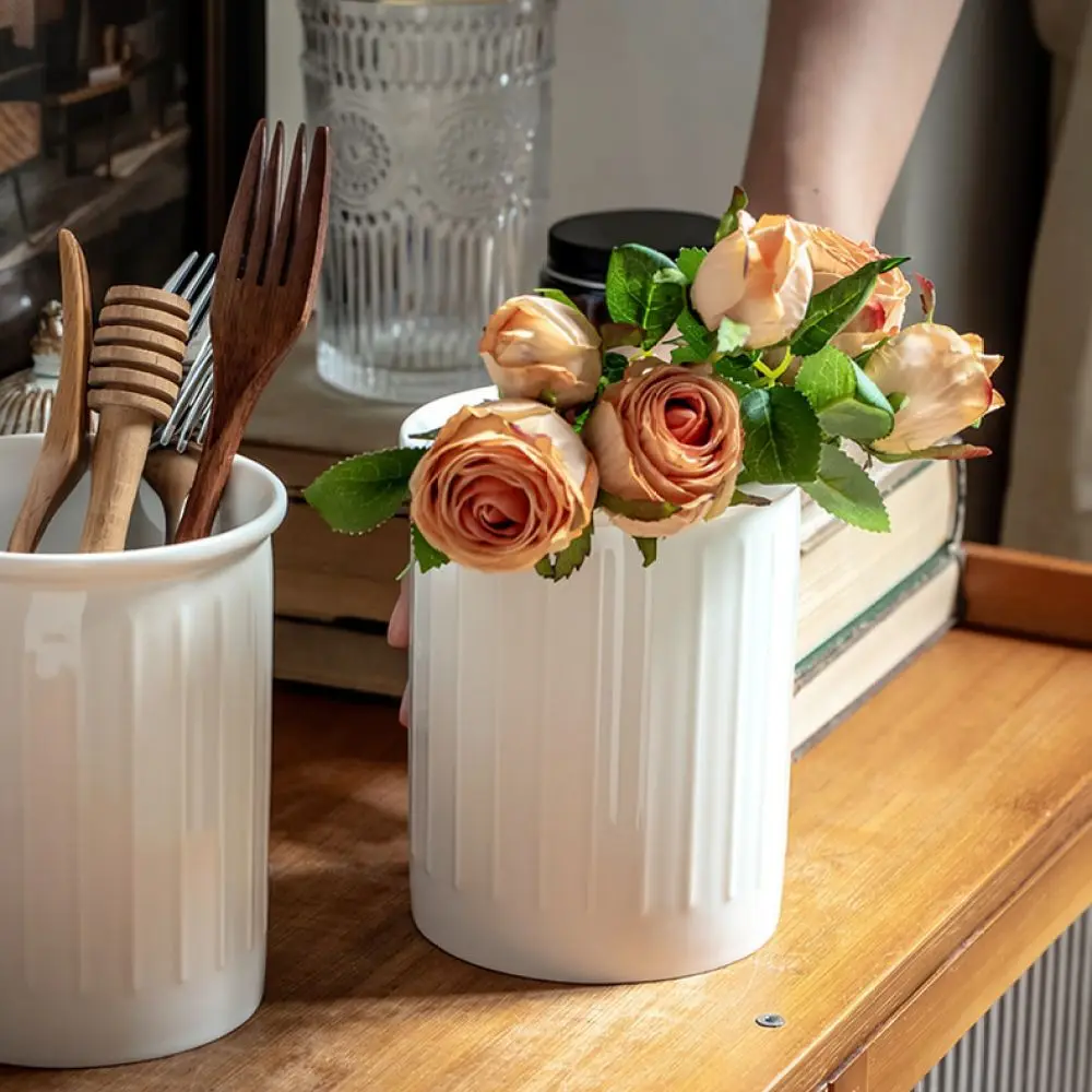 Modern White Striped Ceramic Storage Container Kitchen Tool Holder Cutlery Organizer Decorative Flower Vase Decor