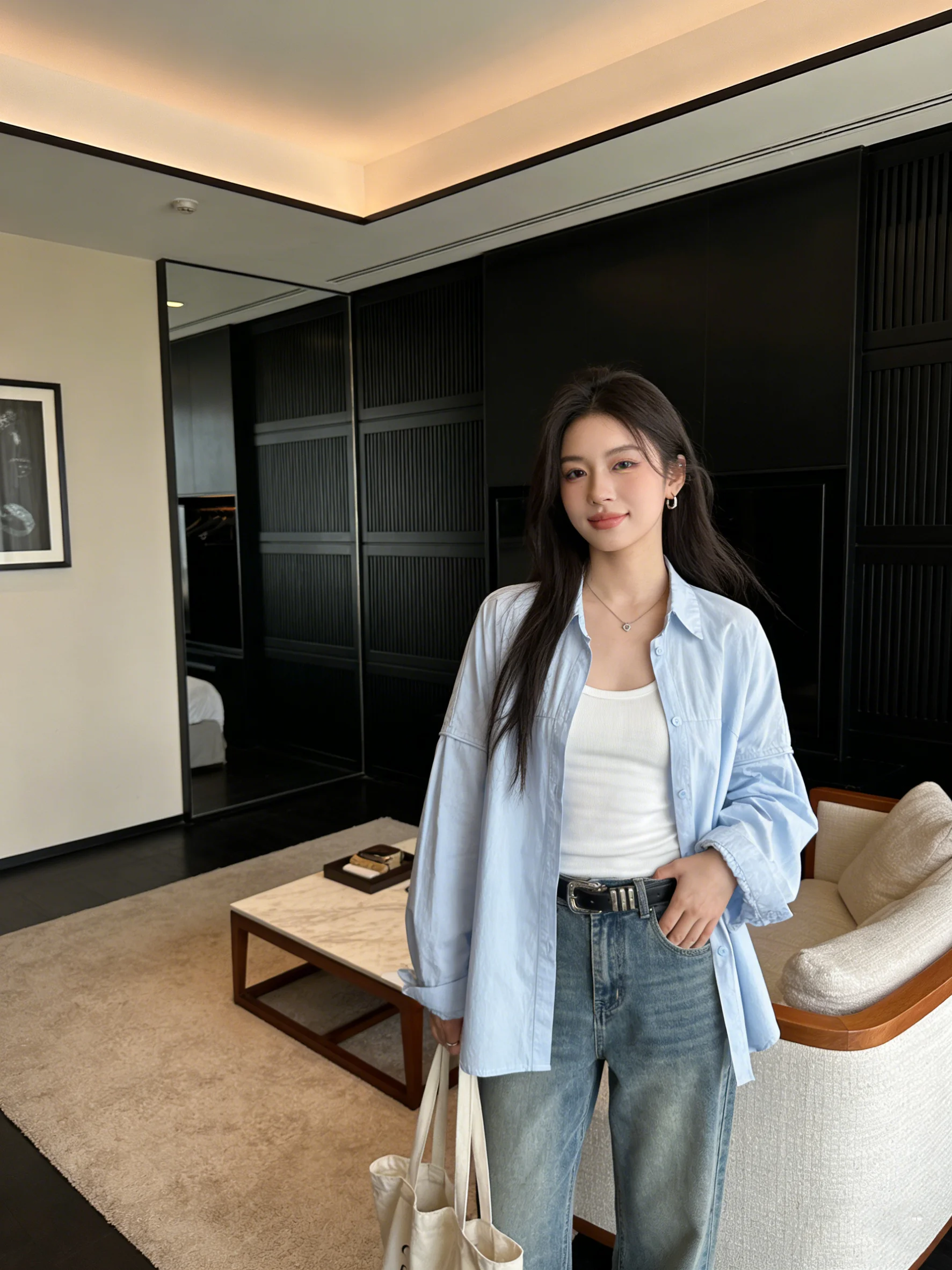 

Синяя женская кофта с длинным рукавом, весенне-осенняя, свободного кроя, с эффектом похудения, в корейском стиле, дышащая, удобная, повседневная.