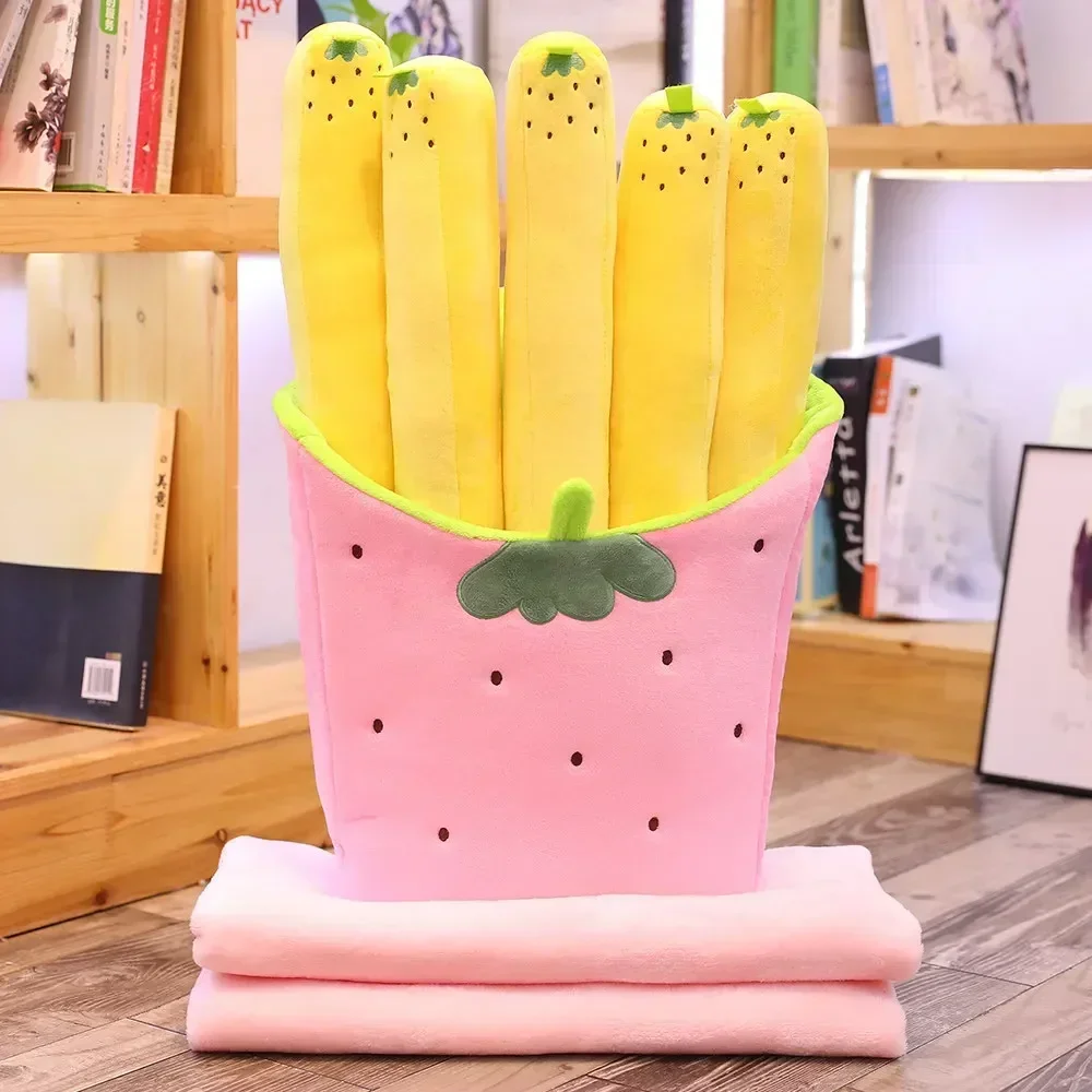 Boneca + cobertor criativo bonito dos desenhos animados frutas batatas fritas segurar travesseiro ar condicionado cobertor morango abacaxi brinquedo de pelúcia presente