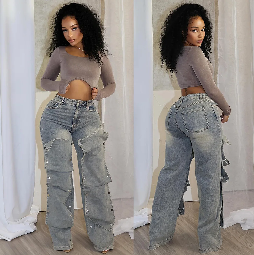 Women's Straight Jeans Autumn Street Hipster Removable Button High Waist Pants Women