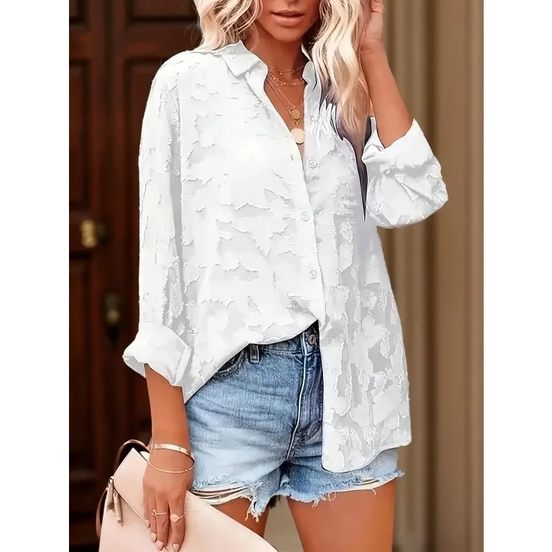 

Плюс размер 1XL-5XL, новая женская рубашка с длинными рукавами, шифоновая жаккардовая темпераментная полупрозрачная пляжная одежда для поездок на работу