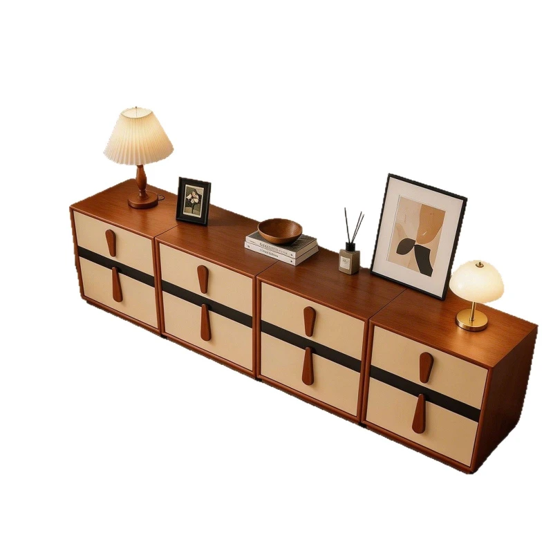 Solid wood multi-functional module combination cabinet, antique style in cream, floor-to-ceiling storage bedside table