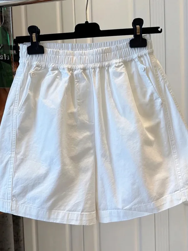Pantalones blancos de pierna ancha para mujer, falda informal de cinco cuartos con cintura elástica y botones sueltos, corte en A, verano
