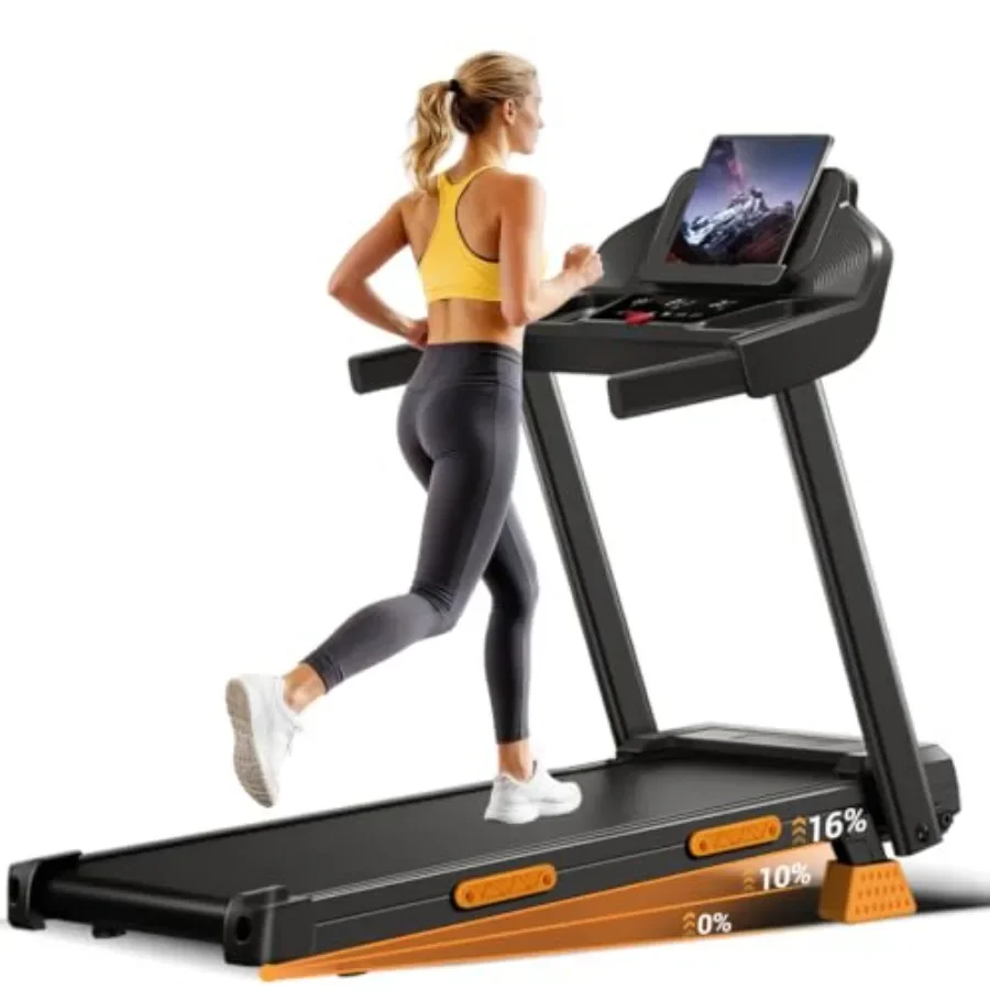 Home use 16 incline foldable treadmill with handle, steel frame, black finish, space-saving design