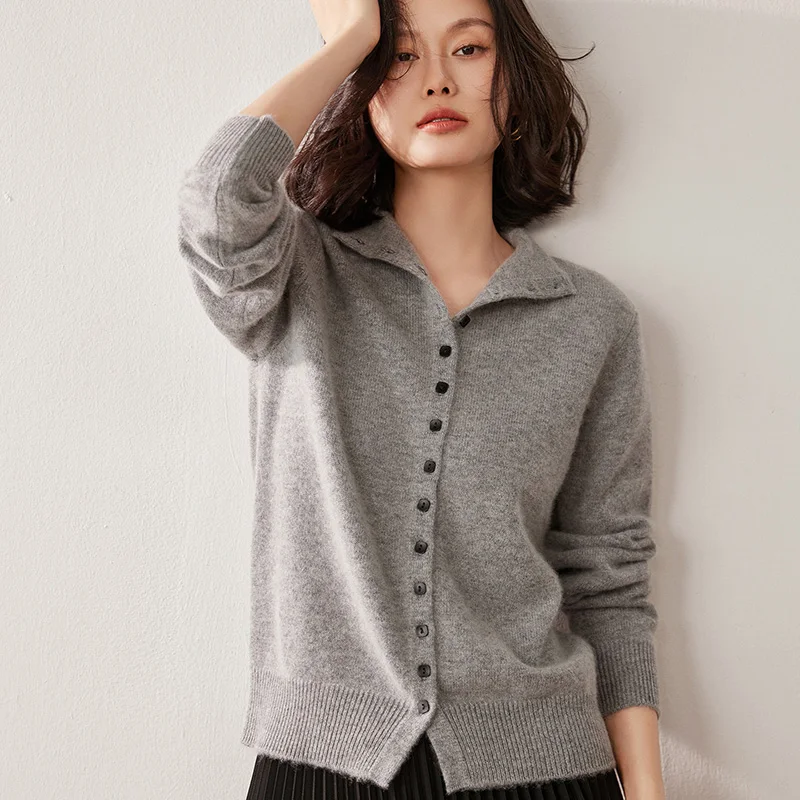 High-end Women 100% Cashmere Sweater Mock-neck Knitting Cardigan Cashmere Knitwear Coat Spring Autumn Winter Grace Knitwear Tops