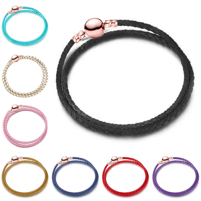 New Fashion Charm Rose Gold Round Head Buckle Leather Rope Multiple Colors PU Basic Chain Bracelets DIY Fine Women Jewelry Gifts