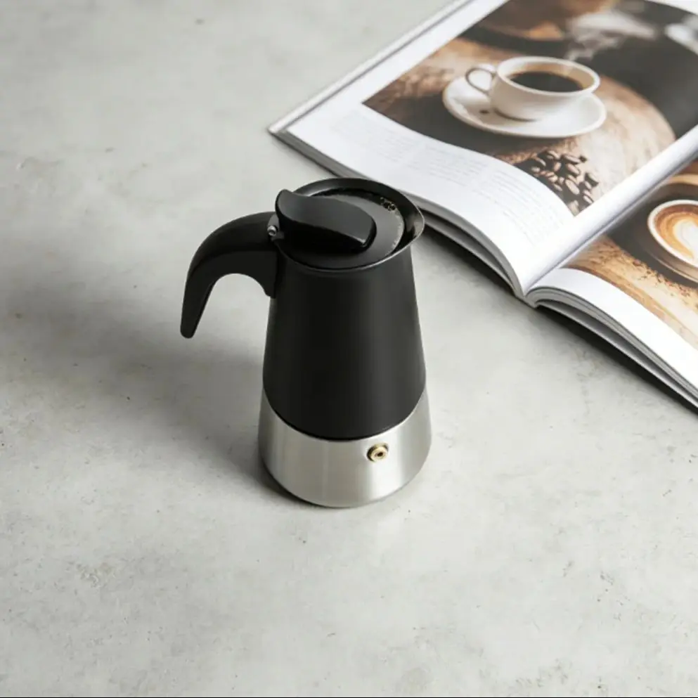 4/6  Stainless Steel Moka Pot, Matte Black, Nordic Style. Home/Office/Outdoor Use. Works on Induction & Gas