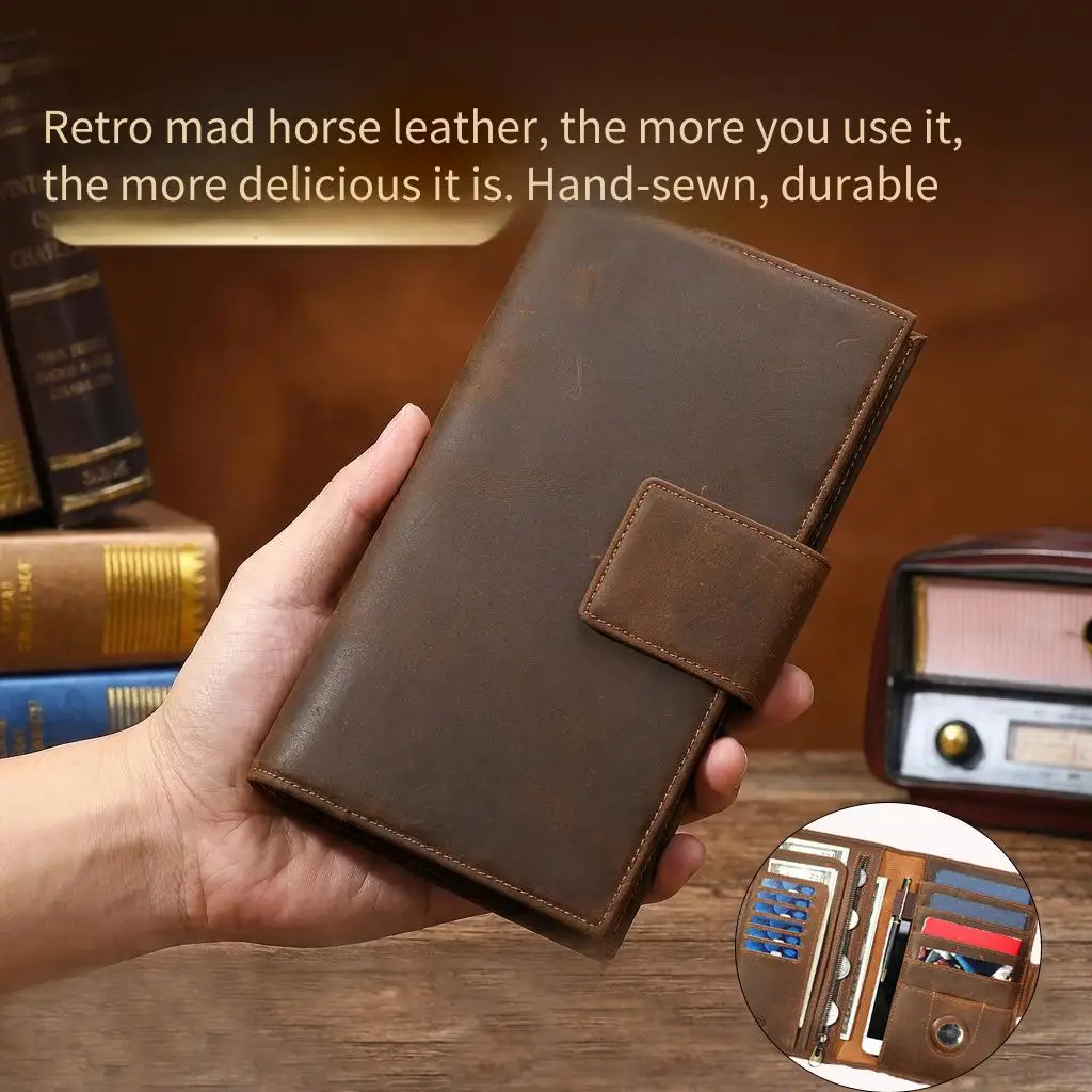 Retro Genuine Leather Long Wallet Multiple Card Slots Anti Theft Card Holder With AirTag Tracker