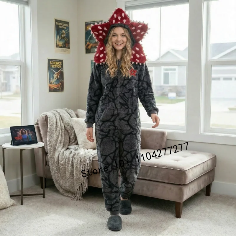 

Зимний теплый фланелевый комбинезон-пижама для взрослых: Демогоргон, Плант-Чомпер, косплей, цельный домашний костюм для праздничных вечеринок