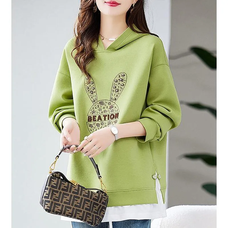 Autumn Fashion Trend Pure Cotton Embroidery Beads Versatile Patchwork Loose Hooded Casual Style Long Sleeve Women\'s Sweater