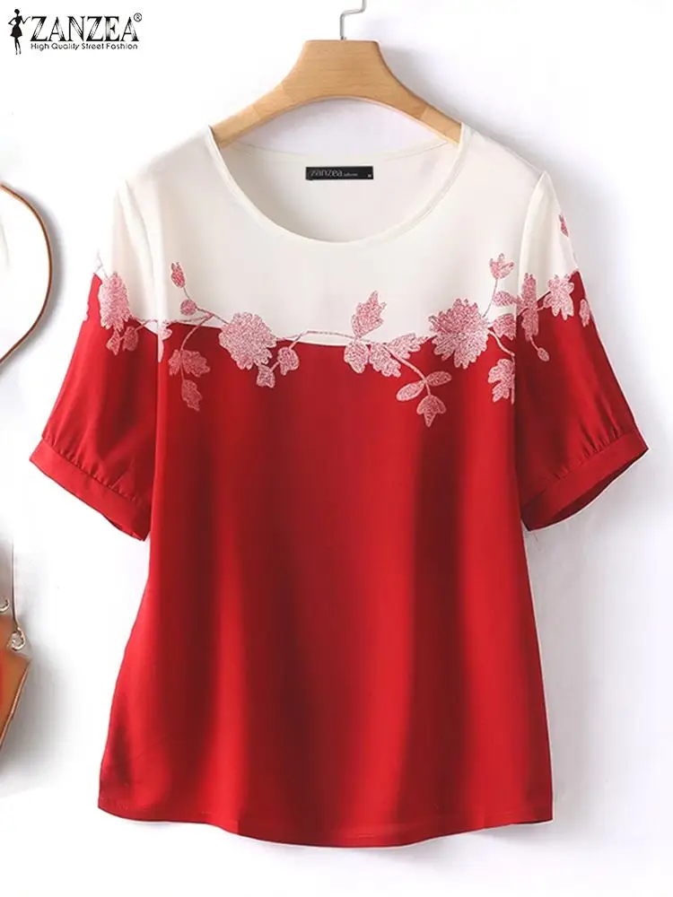 ZANZEA Women Casual Blouse Fashion Floral Print Summer Tunic 2024 Elegant Patchwork Tops Office O-Neck Colorblock Shirt Oversize