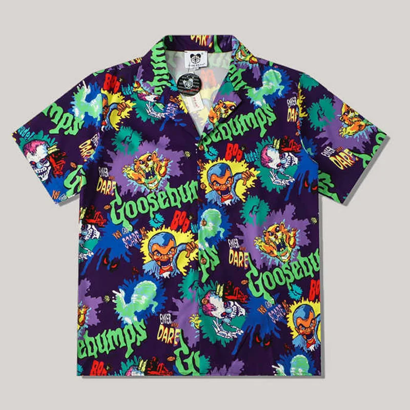 

Retro Hawaiian Vacation Style Cuban Collar Clown Cartoon Printed Short Sleeved Shirt for Men American Street Handsome Shirt