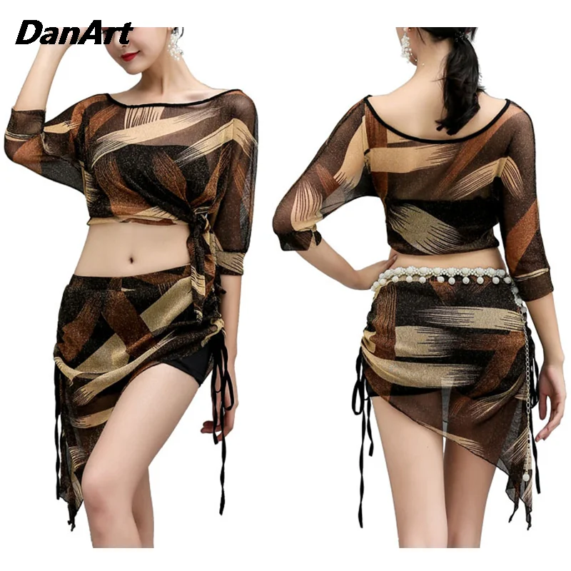 Women Belly Dance Outfit Adult Mesh Practice Training Suit Dress Ladies Oriental Dancer Costume Set Big Sized Short Skirt