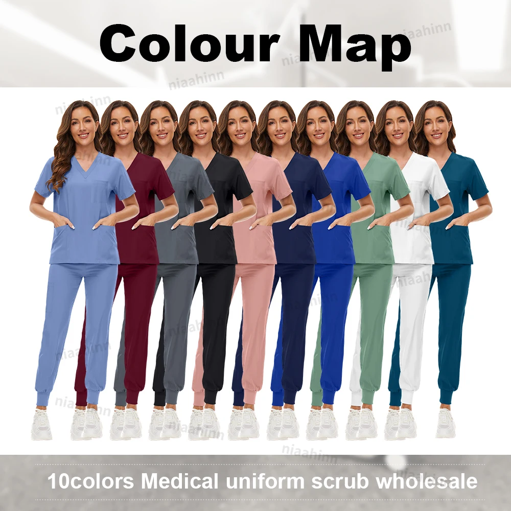 Conjunto de calças e top de manga curta para mulheres, esfoliantes médicos, vestido cirúrgico, uniforme respirável spa, acessórios de enfermagem dental, atacado