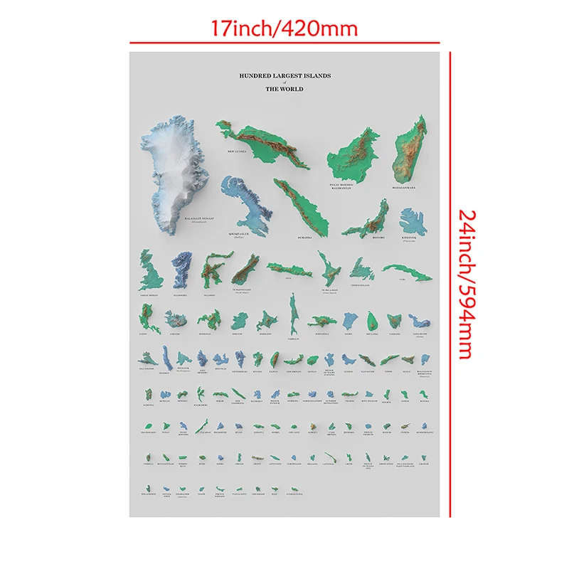 Affiche de la carte du monde des cent plus grandes îles, petite taille 42x59cm, peinture sur toile imprimée d'art mural, décoration de la maison