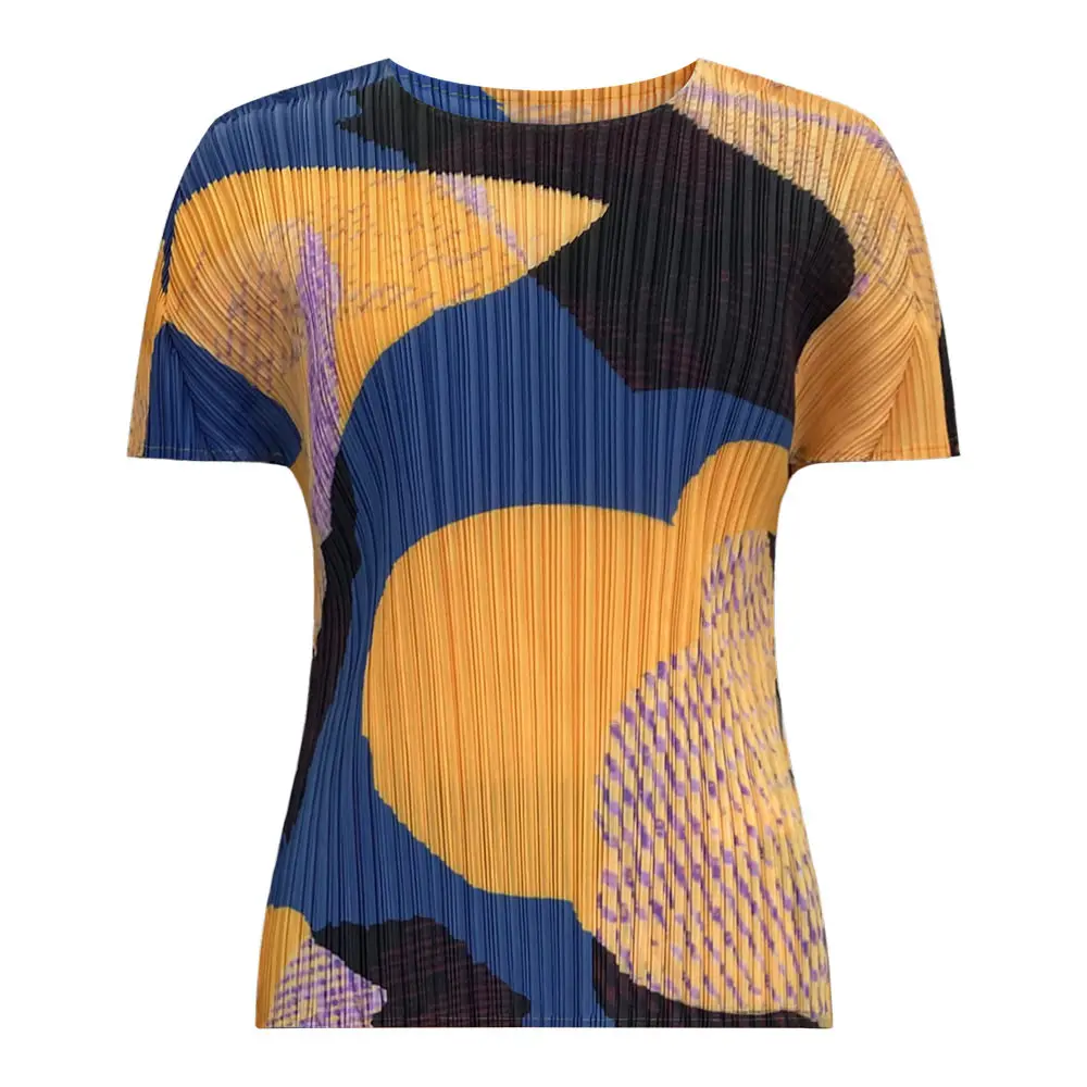 Women's Blue Yellow Purple Abstract Print Pleated Short-Sleeve Top & Midi Skirt 2-Piece Set Texture Fabric Fashion Daily Wear