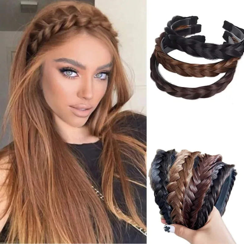 AOSIWIG Synthetic Ladies Hair Wide Fishbone Braids Non-slip Headband Handmade Retro Headband Styling Headwear Accessories