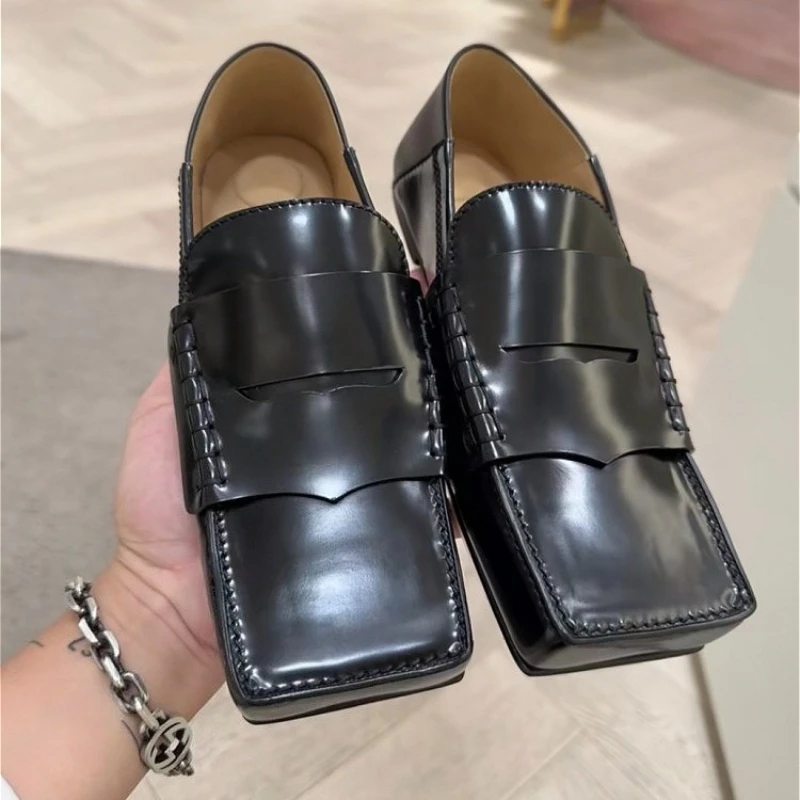 

Leather Designer Square Toe Loafers Women Shallow Comfort Casual Office Shoes British Style Brand Flat Shoes Zapatos De Mujer