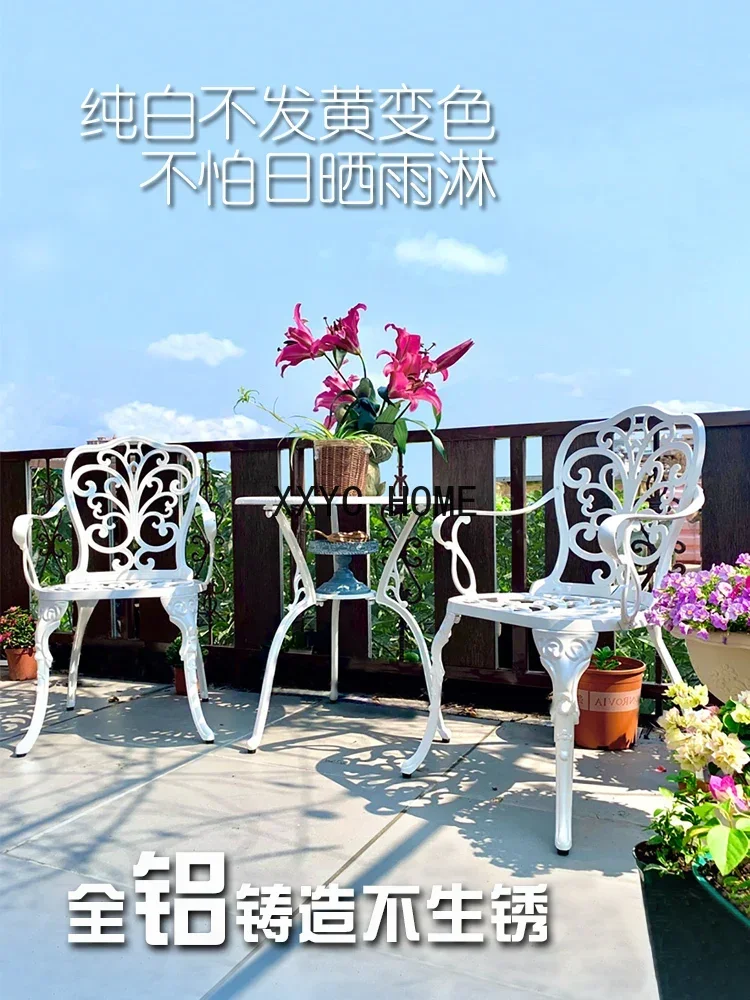 Outdoor Desk-Chair Courtyard Leisure European-Style Balcony Table and Chair Cast Aluminum White Iron Garden Table and Chair