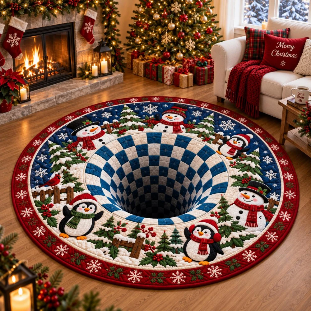 1pc Living Room Christmas Snowman Round Carpet Checkerboard Swirl Mat Entryway Bedroom Festive Anti Slip Ground Floor Bounty
