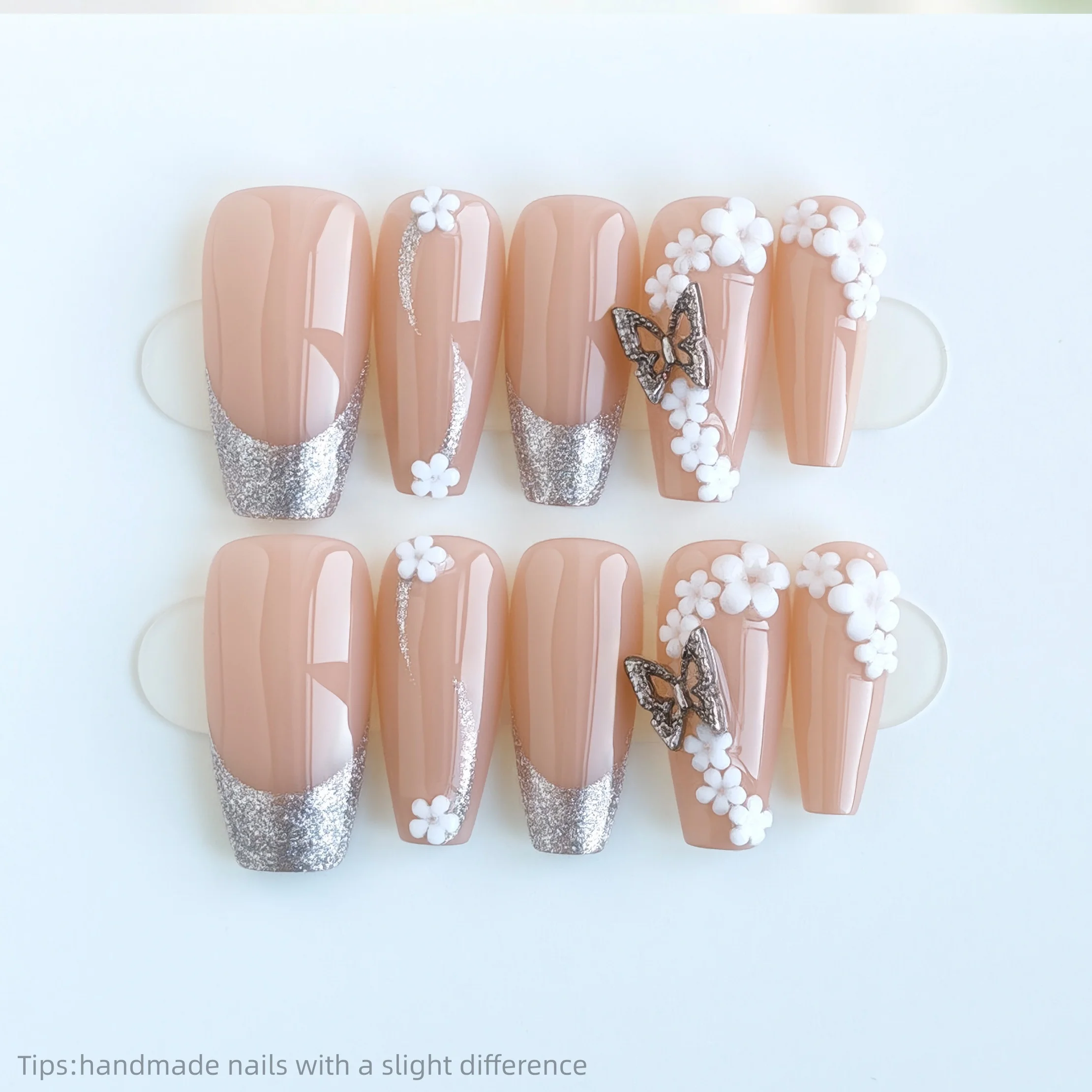 

10pcs Handmade Nude Silver Flower Butterfly Press on Nails Coffin Long Full Cover Wearable Reusable Korean Sweet False Nails