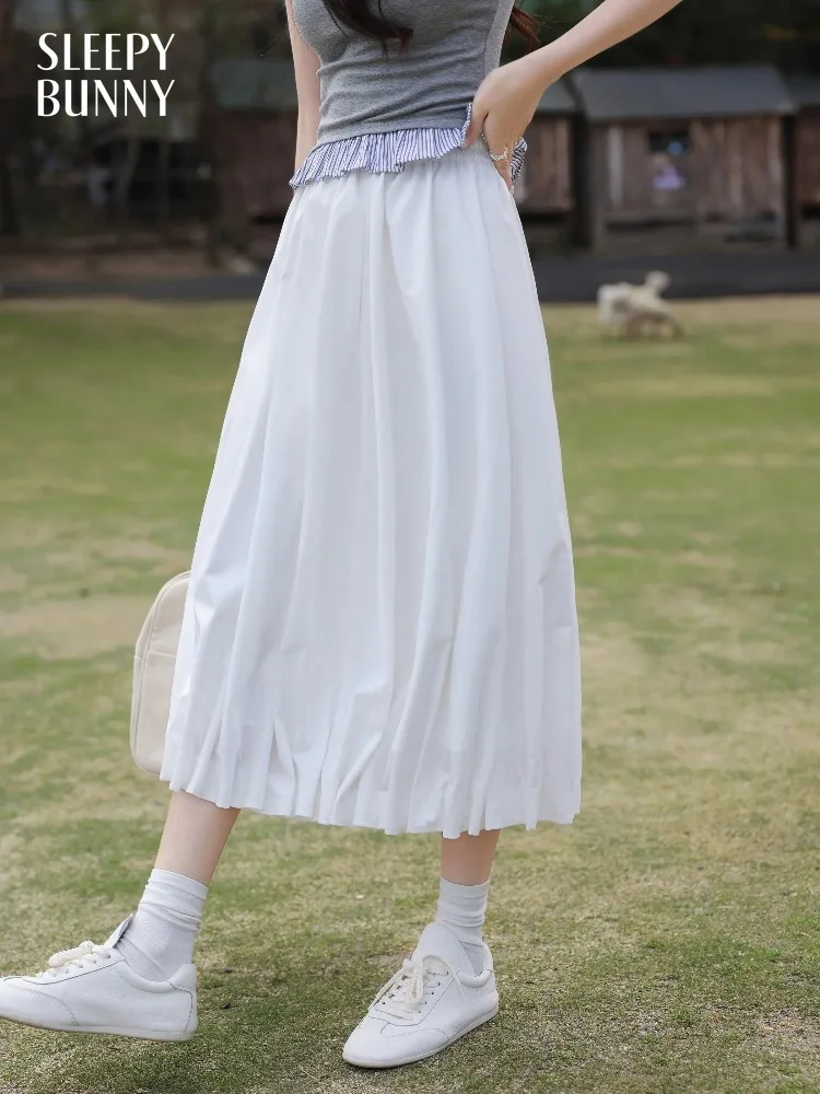 

Women Soft Midi Skirt Pleated Elastic Waist Early Spring Hip Covering Slim Flowy A-line Skirt for Lady Elegant Casual Daily Wear