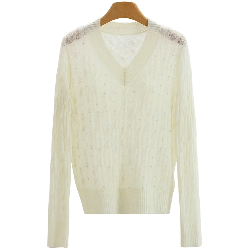 

Casual Versatile Color Bead Decoration V-Ne Loose Knitted Sweater Women's Faion Autumn Wear Comfortable Long Sve