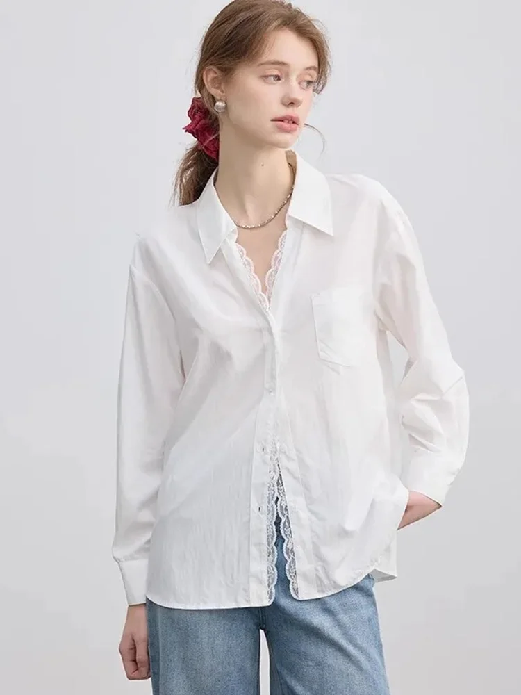 

Zoki Lace Patchwork White Shirt Women Elegant Long Sleeve Vintage Blouse American Casual Autumn Female Sweet Pocket Retro Tops