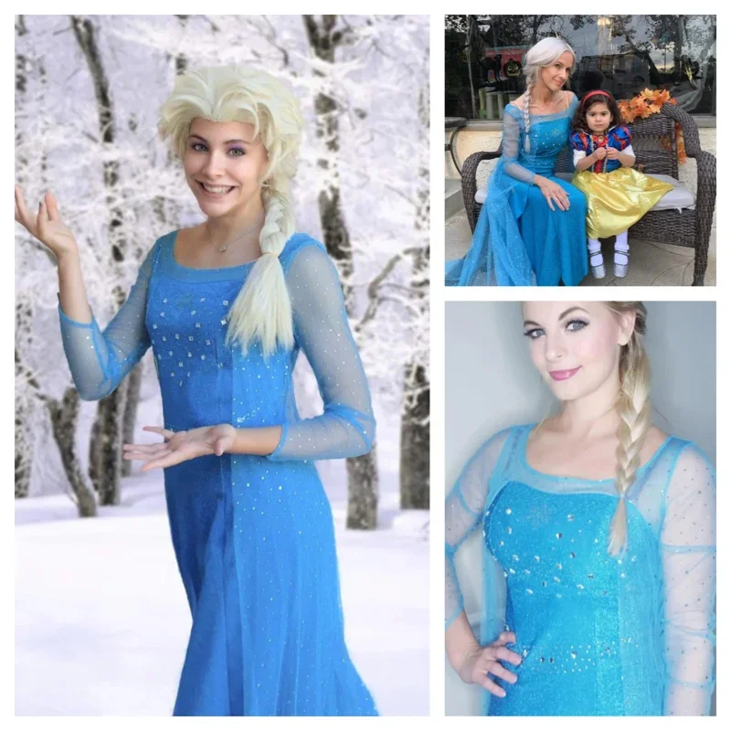 Frozen Elsa Princess Long Dress Sequin Mesh Costume Adult Snow Queen Party Halloween Carnival Cosplay MN3