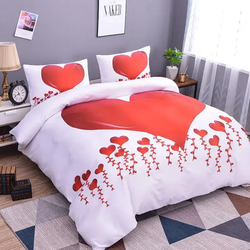 Room Decor Home Bedding Sets 2/3pcs Red Heart Printing Queen Size Pillowcase Duvet Cover Set Polyester Bedclothes
