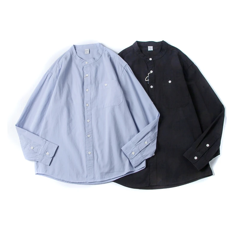 

Рубашка с длинным рукавом из чистого хлопка в стиле ретро, мужская повседневная рубашка в корейском стиле, верхняя одежда унисекс, модная рубашка с воротником-стойкой на пуговицах