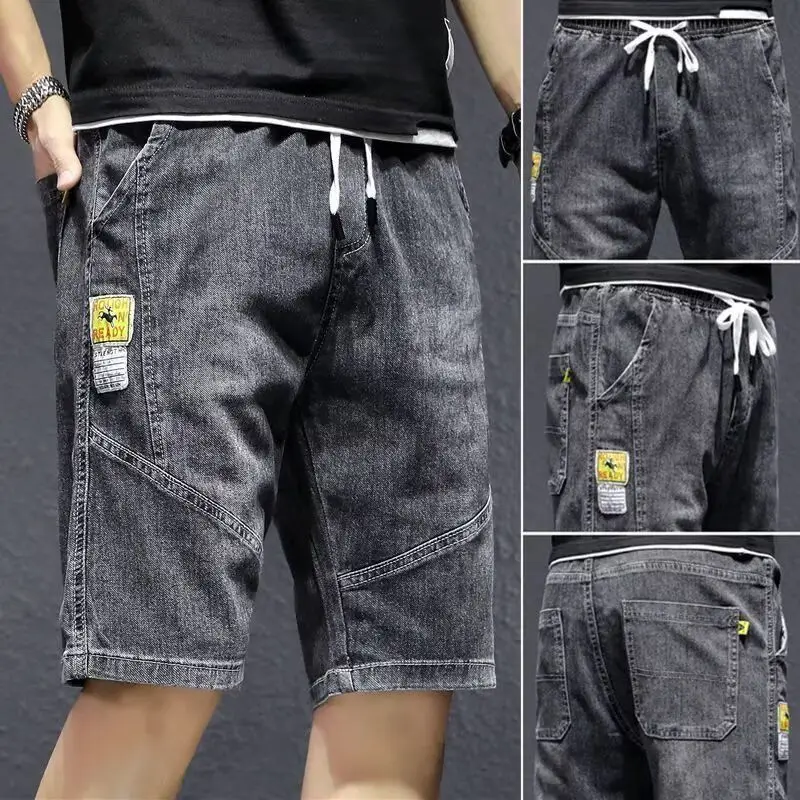 Elastic Waistband Men's Denim Shorts Summer Thin Five-Point Drawstring Loose Fit Business Casual Style Youth Fashion