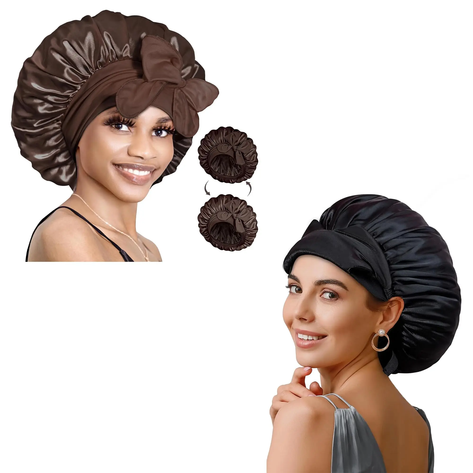 BONNET QUEEN Silk Bonnet for Sleeping Women Hair Double Layer Satin Tie Sleep Wrap Night Cap Curly Brown Black