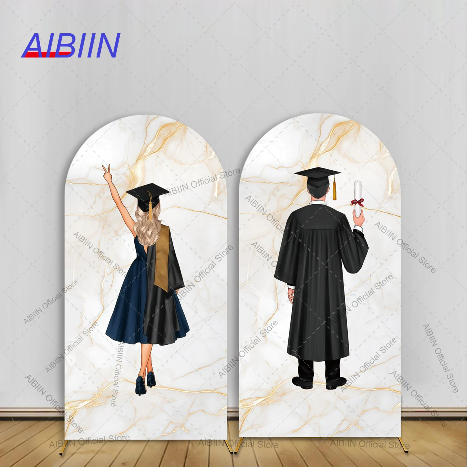 Fundo de Formatura com Arco para Menino ou Menina, Fundo de Mármore com Capelo de Formatura, Decoração para Festa de Formatura